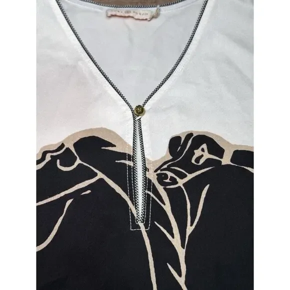 Tory Burch Shirt Women's Size 6 Black White Horse Trocadero Blouse - Picture 2 of 11